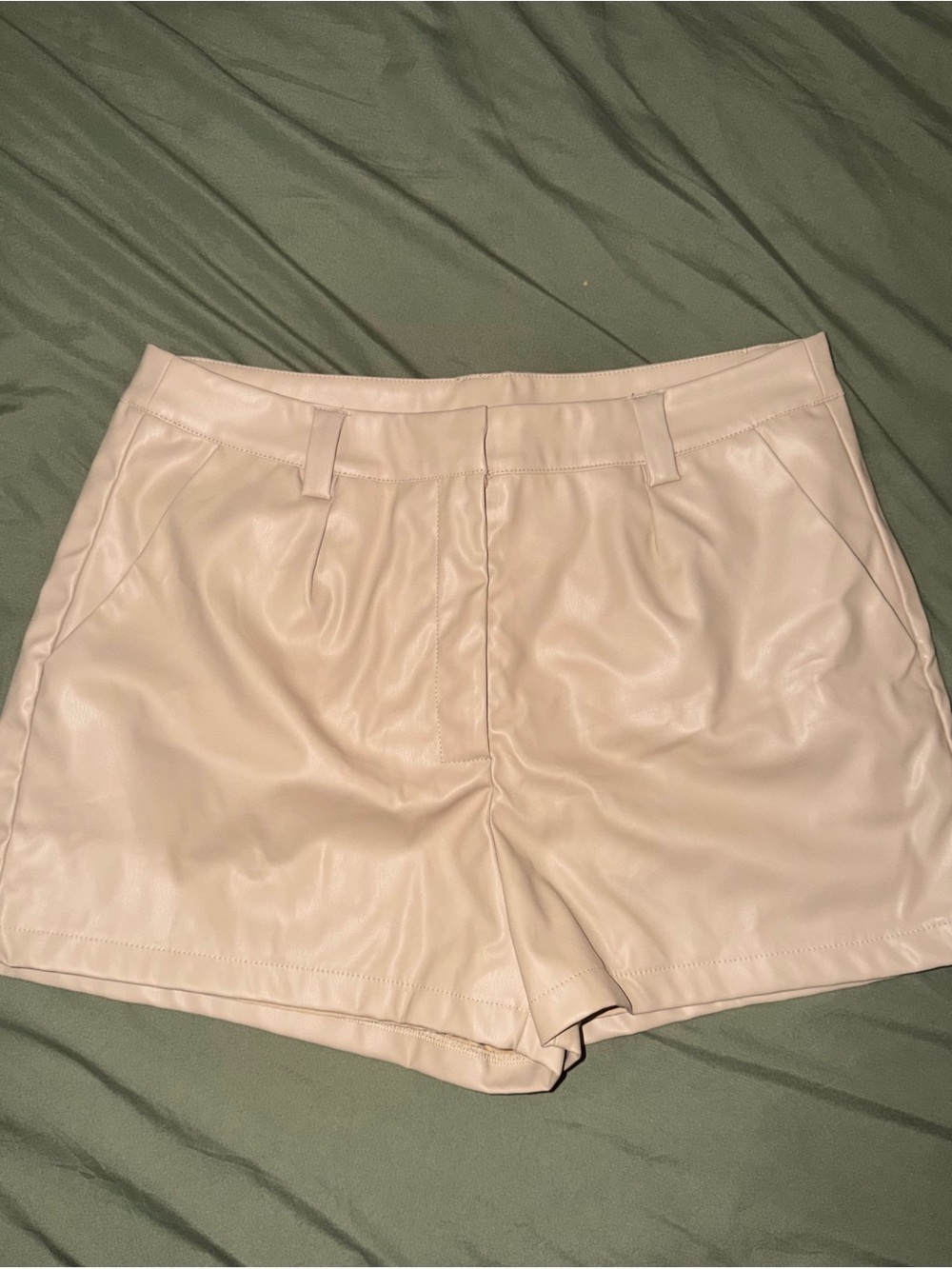 High-Rise Leather Shorts in Beige